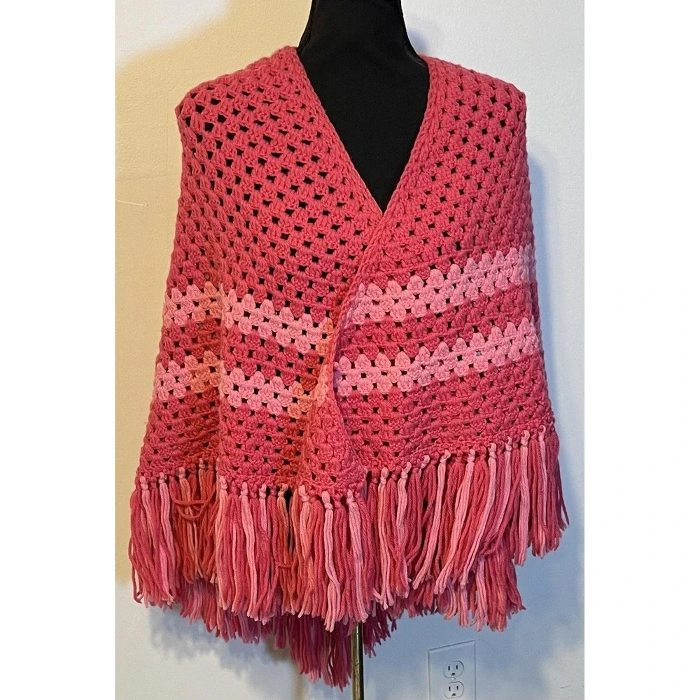 Crochet Shawl Wrap‎ Womens One Size Pink Striped Fringe Boho Handmade Poncho